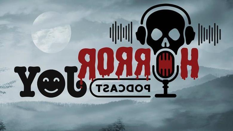 The logo for the Horror Joy podcast, featuring a skull speaking into a microphone